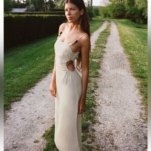 Zara Linen Light Sand Blend Stone Midi Dress Cut Out Dress Small S